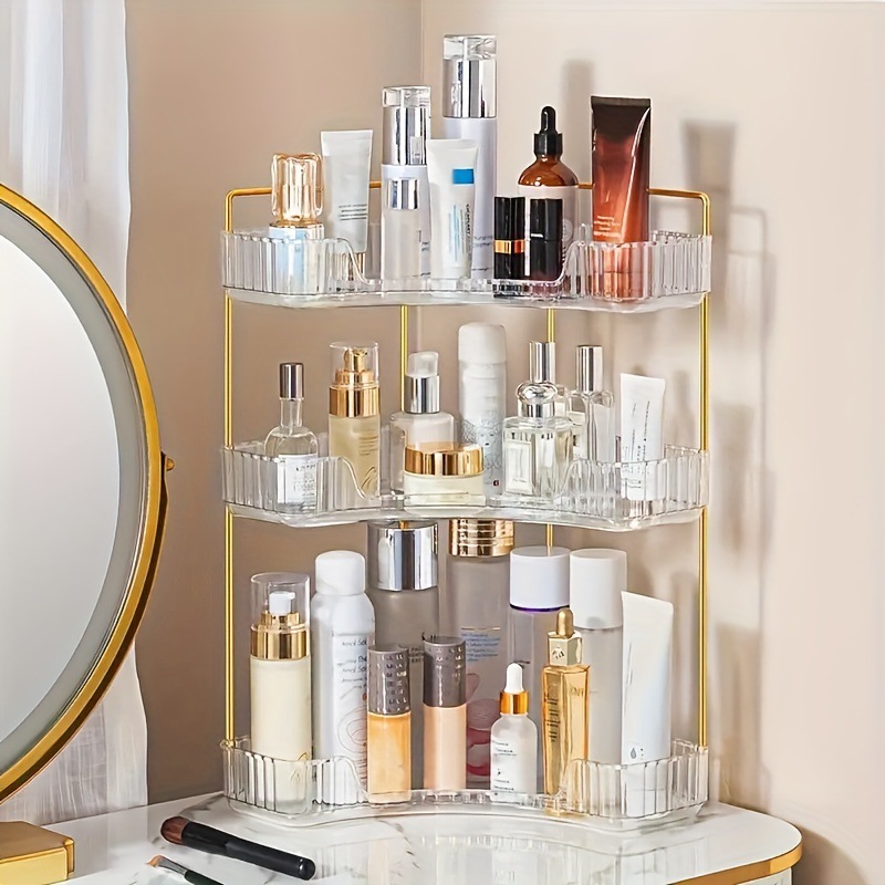 Triangular storage box rack, light luxury corner cosmetics rack, transparent bathroom jewelry rack.
