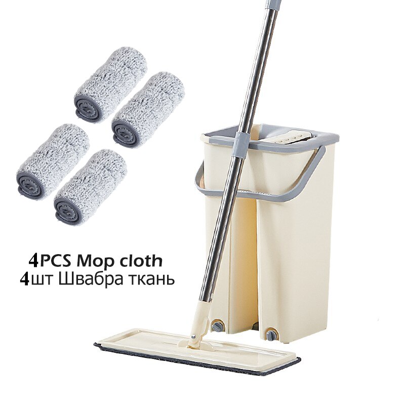 Flat Squeeze Mop and Bucket Hand Free Wringing Floor Cleaning Mop Microfiber Mop Pads Wet or Dry Usage on Hardwood Laminate Tile: Mop bucket 4 pad