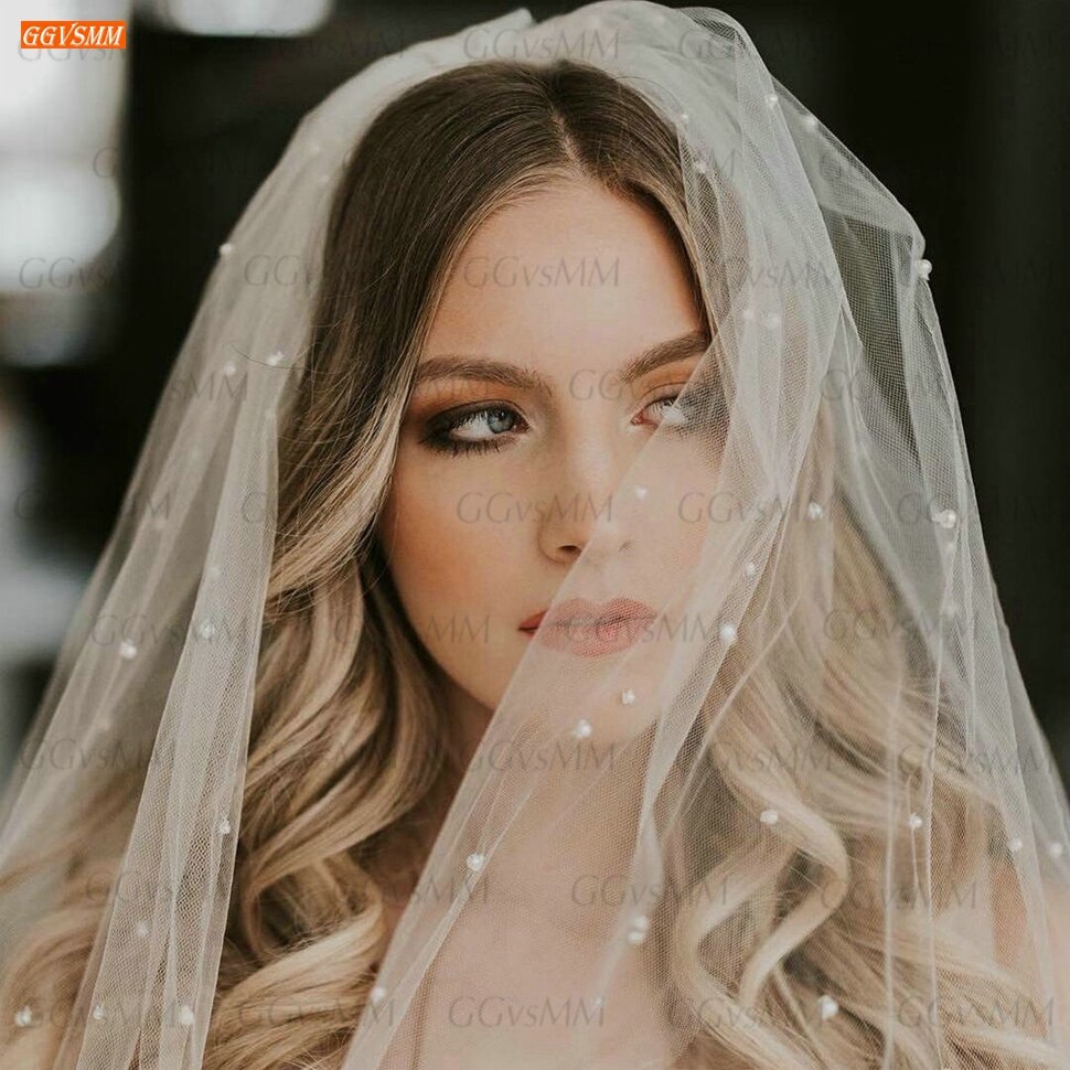 Weiß Hochzeit Schleier perle Tüll Elfenbein Braut Schleier Perlen Günstige Braut Zubehör 75cm Frauen Schleier Perlen Mit kamm