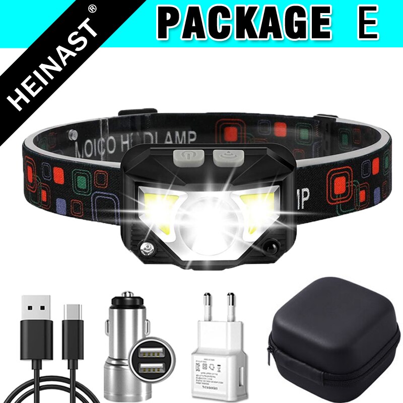 COB LED Headlamp USB Rechargeable Head Lamp with Built-in Battery Motion Sensor Inductive Headlight Multi-Mode Camping Light: E Packing