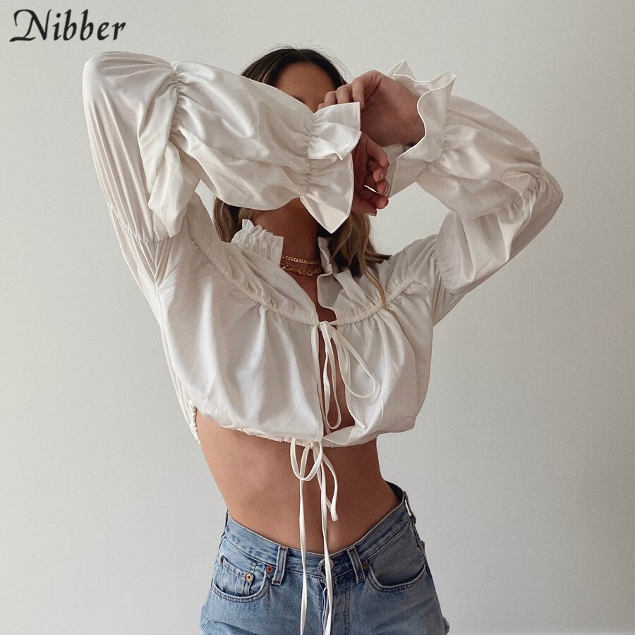 Nibber Sxey lace up Hollow puff sleeve tshirt for women fall Clothing O neck Ruffles long sleeve corp top mujer
