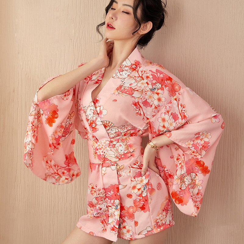 Japanese Kawaii Pink Kimono Sakura Print Short Belt with Bow Sexy Cosplay Women Raditional Style Robe Yukata Outfit Tradition