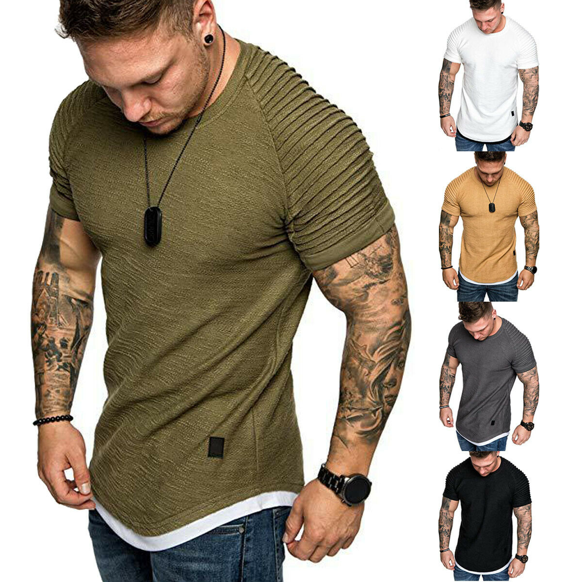 Men's T-Shirts Pleated Wrinkled Slim Fit O Neck Short Sleeve Muscle Solid Casual Tops Shirts Summer Basic Tee
