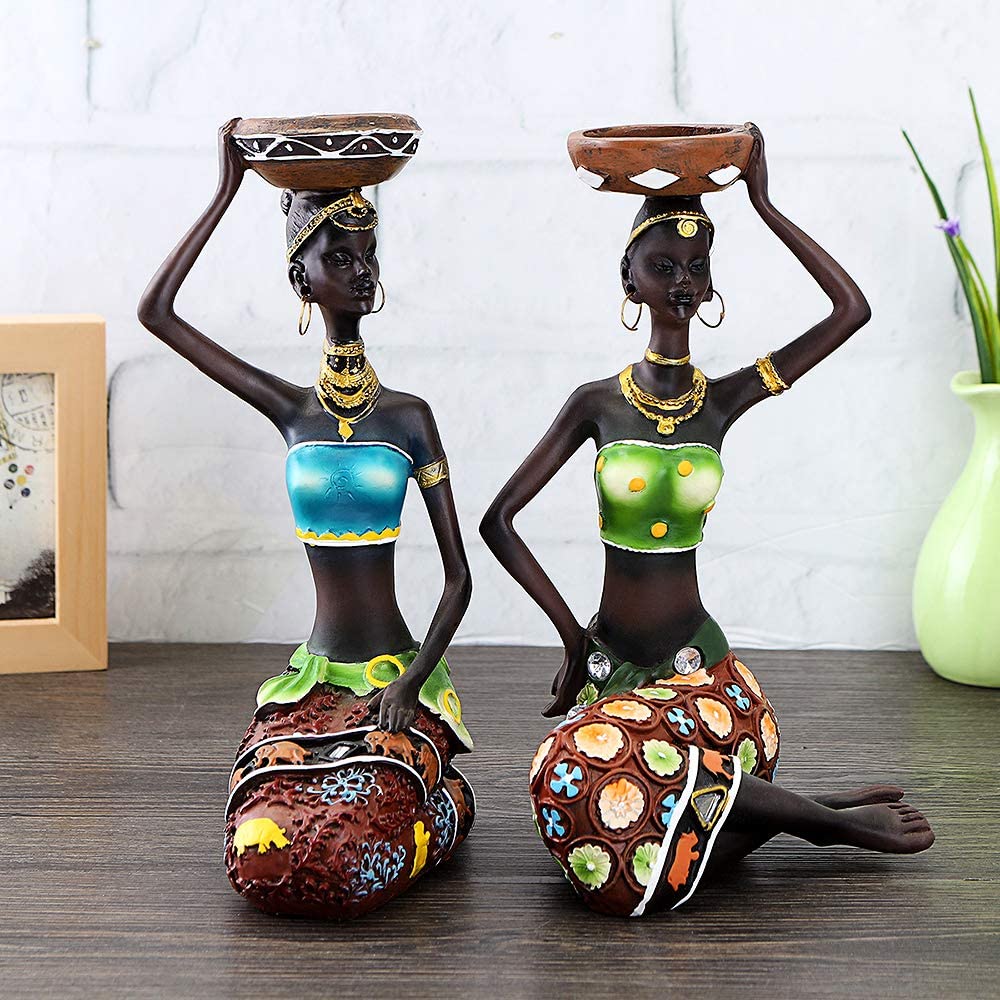 2 pakke afrikanske figurer ,8.5 "kvinder dekorative skulpturer lysestage centerpieces til spisebord tribal lady statue til