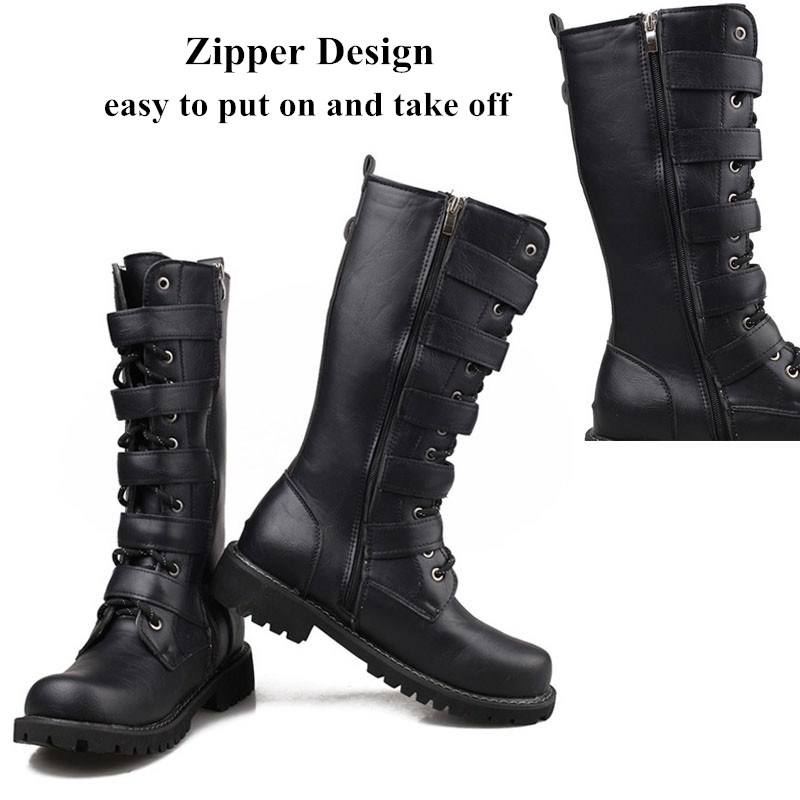 botte chaussures hommes chaussure moto homme boots homme Bottes hautes Punk noires mi-mollet pour hommes, chaussures Vintage à plateforme en métal, confortables, antidérapantes, pour moto en plein air, grande taille