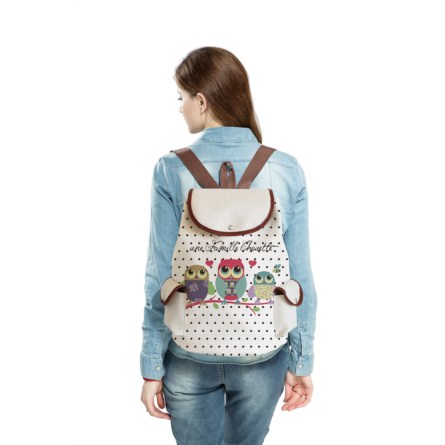 Cartoon Owl Print Linen Backpack Animal Large Capacity Portable Drawstring Backpack Chinese Storage Travel Women Casual Book Bag
