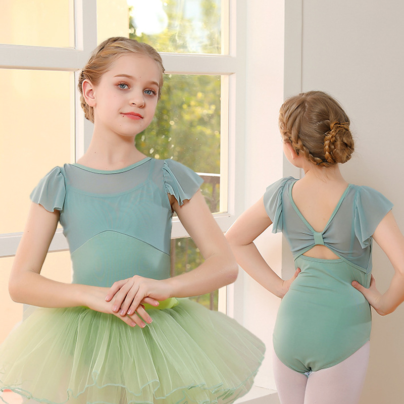 Leotardo de gimnasia de algodón para niños, malla de empalme, trajes de baile de manga corta, Ropa de baile para niñas
