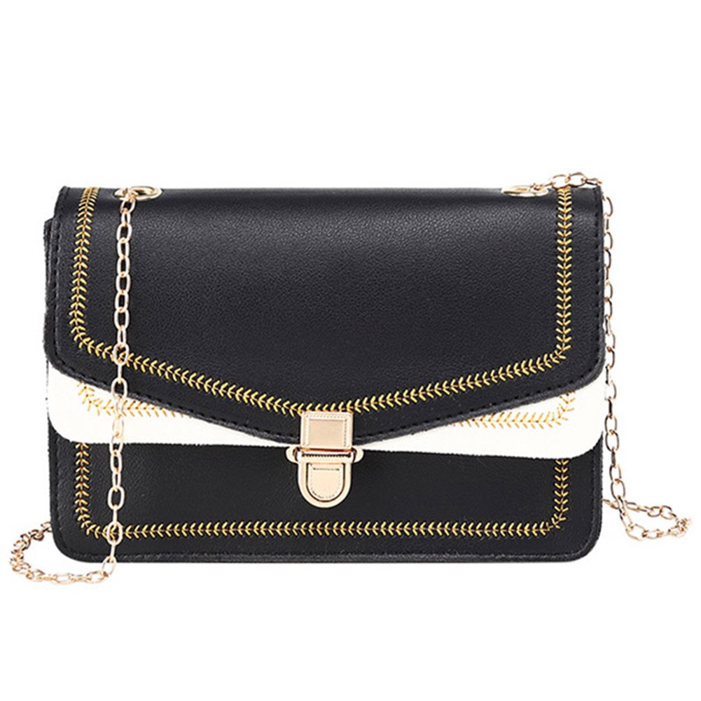 Vrouwen PU Lederen Schoudertas Borduurwerk Hasp Gesp Keten Crossbody Tassen Vrouwen Messenger Bags Bolsa Feminina: Black