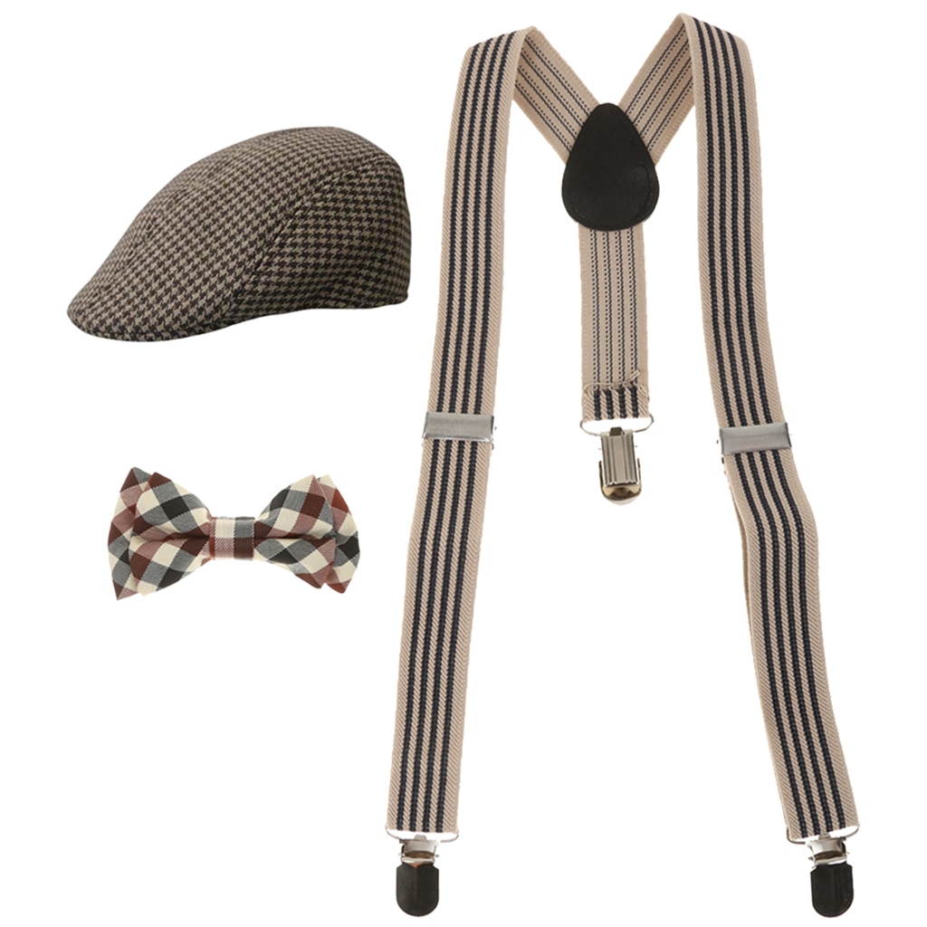 Kids Jongens Stretchble Y-Back Jarretel Bowtie En Baret Cap Platte Hoed Set