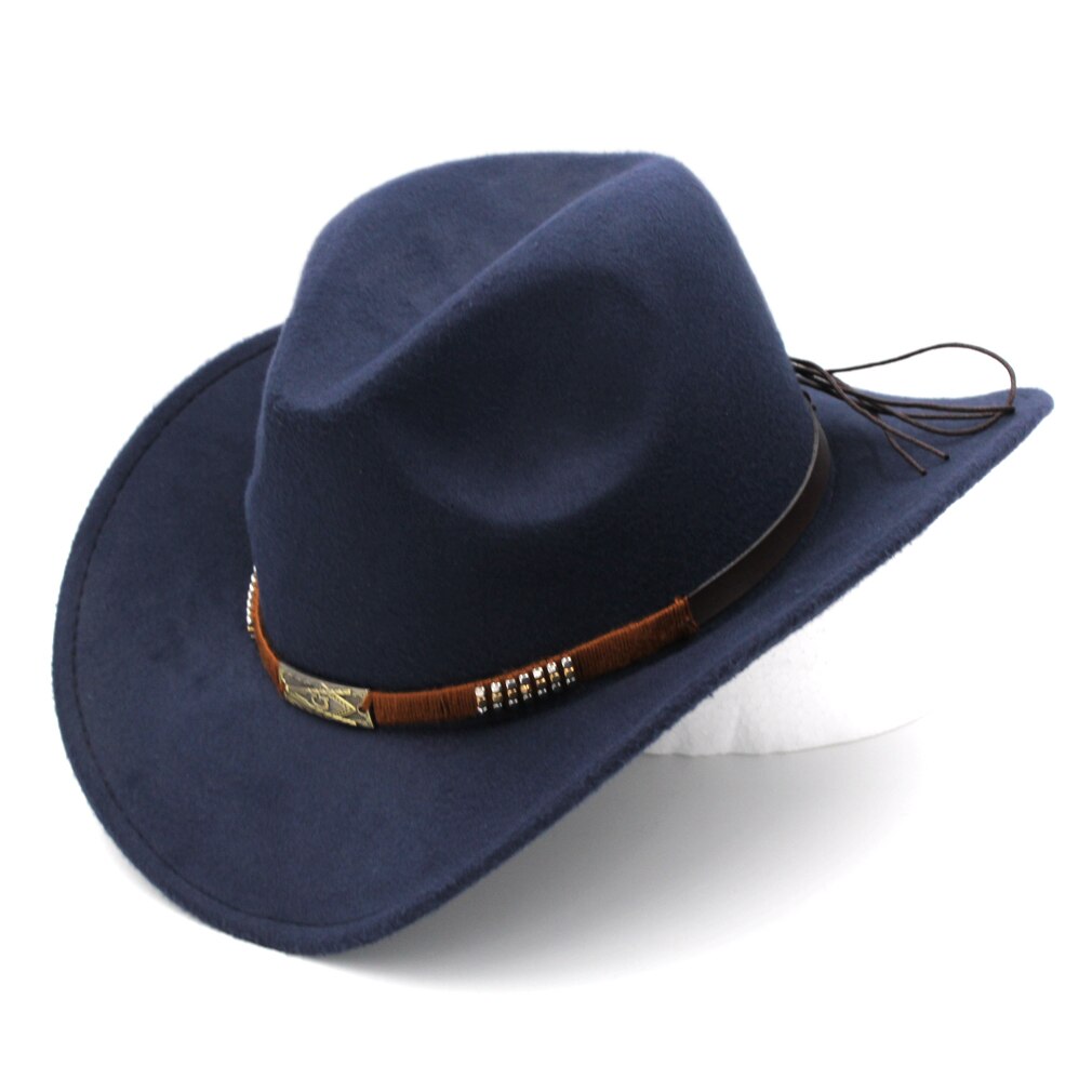 Mistamanecer Estilo Vintage Otoño Invierno sombrero de cowboy del oeste de ala ancha Cowgirl Riding Cap con banda trabajada a mano tamaño 56-58cm: Navy Blue