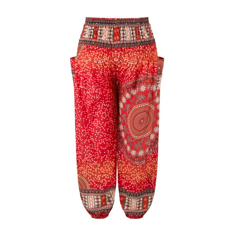 Men Thai Harem Pants Casual Trousers Loose Elastic Waist Vintage Print High Waisted Beach Pants Unisex Women Drawstring