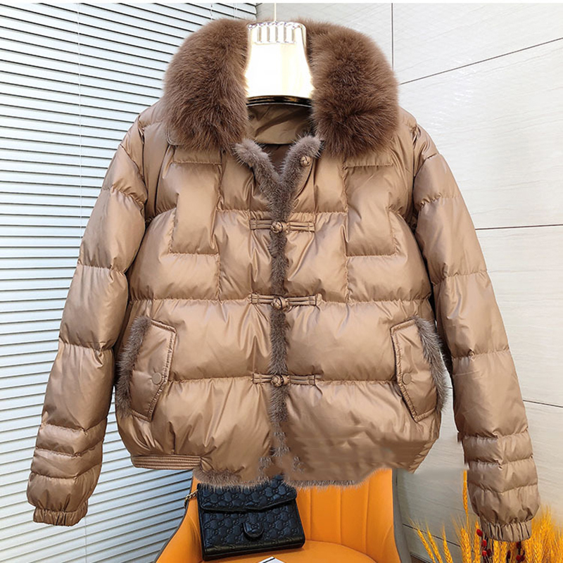 Vinter lett pelskrage kort dunjakke dame hvit andedun plateknapp parker outwears dame vatterte varme jakker: Xl / Brun