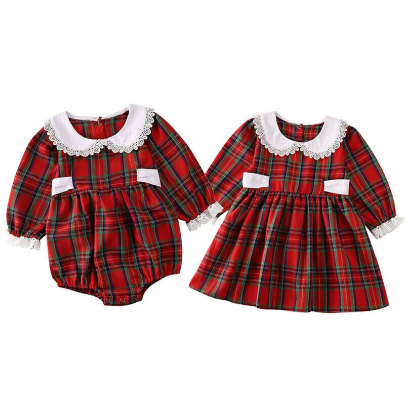 Julekjole matchende barn baby jente store/lillesøster lange ermer rød rutete volangkjole julenisse festklær