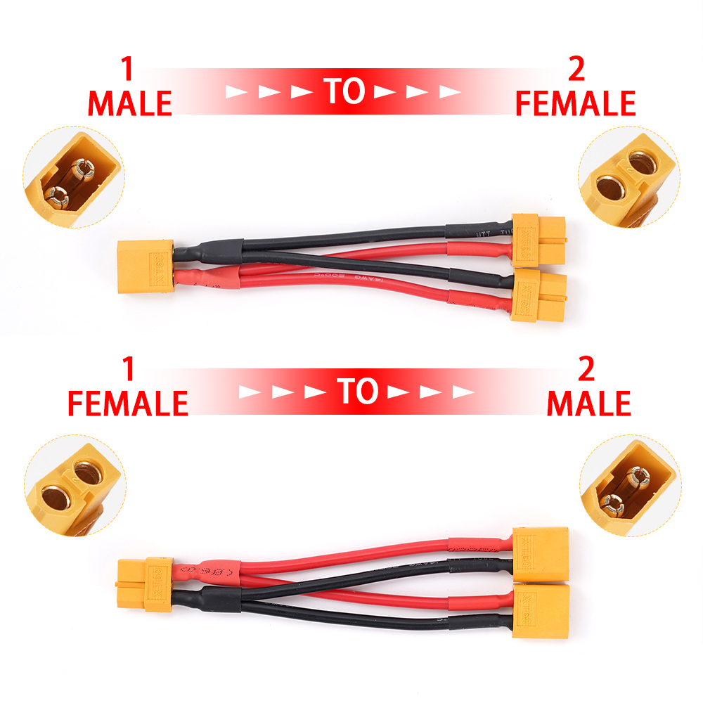 XT60 Parallel Battery Connector Male/Female Cable Dual Extension Y Splitter 2-Way 14AWG Silicone Wire for Battery Charger Motor
