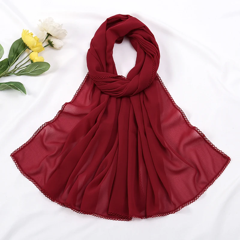 Premium Chiffon Hijab Sjaal Voor Vrouwen Tulband Sluier Kant Stiksel Sjaals Moslim Hijaabs Effen Kleur Vrouw Hoofddoek Sjaal Ramadan: Goud