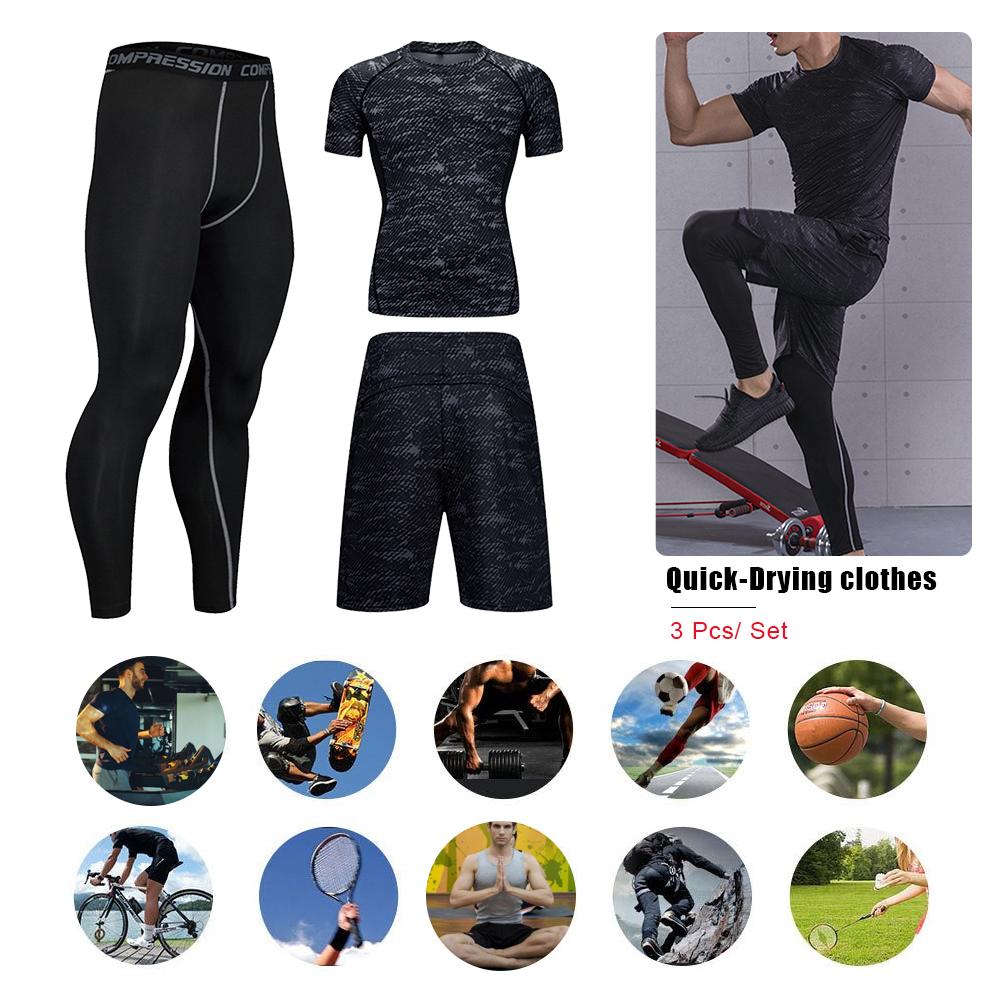 3 Stuks Set Sportkleding Korte Mouwen Sneldrogende Compressie Zwart Tight-Fit Fitness Set Basketbal Running Atletische Slijtage voor Mannen