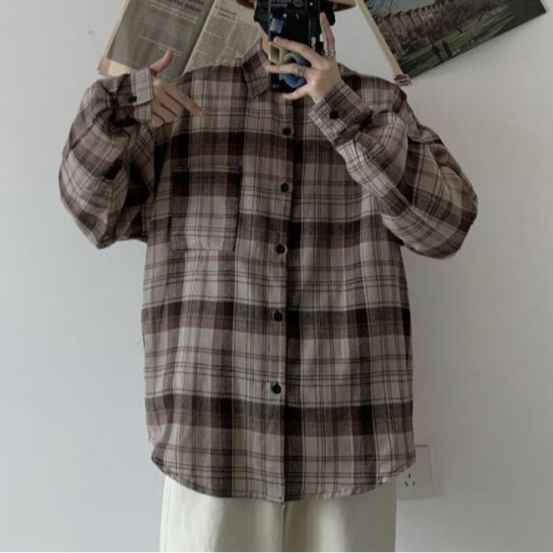 Våren bomulls rutig skjorta herr retro brun fritidsskjorta herr streetwear vilda lösa långärmade skjortor herr m-xl