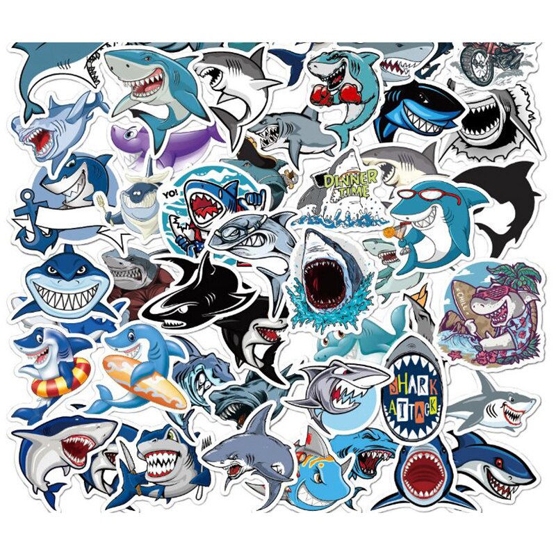 50Pcs Cute Animal Shark Stickers Laptop Skateboard Luggage Motorcycle Phone Guitar Toys