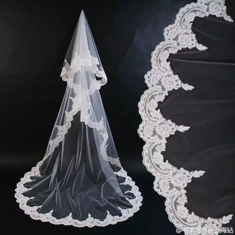 Velo de encaje de novia borde una capa velo de boda de tul sin peine 3*1,5 M mujeres velo de novia