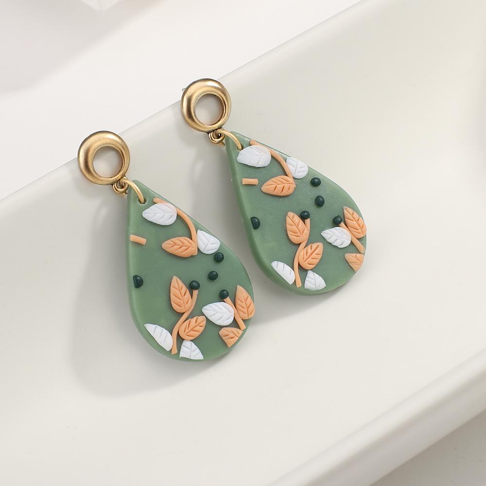 AMORCOME Unique Soft Polymer Clay Floral Dangle Earrings for Women Geometric Green Waterdrop Earrings Female Brincos
