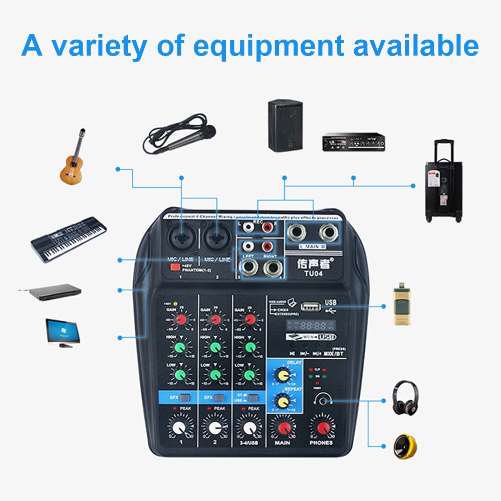 A4 Sound Mixing Console Bluetooth USB Record Computer Playback 48V Phantom Power Delay Repaeat Effect 4 Channels USB Audio Mixer