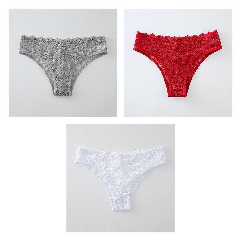 BANNIROU 3pcs Sexy Lace Women&#39;s Panties Sexy Briefs Underwear For Women Female Underpants Solid Mid-Rise Ladies Intimates 2022: gray-red-white / L