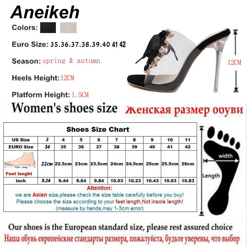 Aneikeh pvc dametøfler gennemsigtige rund tå sko slides snørebånd slip-on tynde hæle sorte abrikos pu str. 35-42