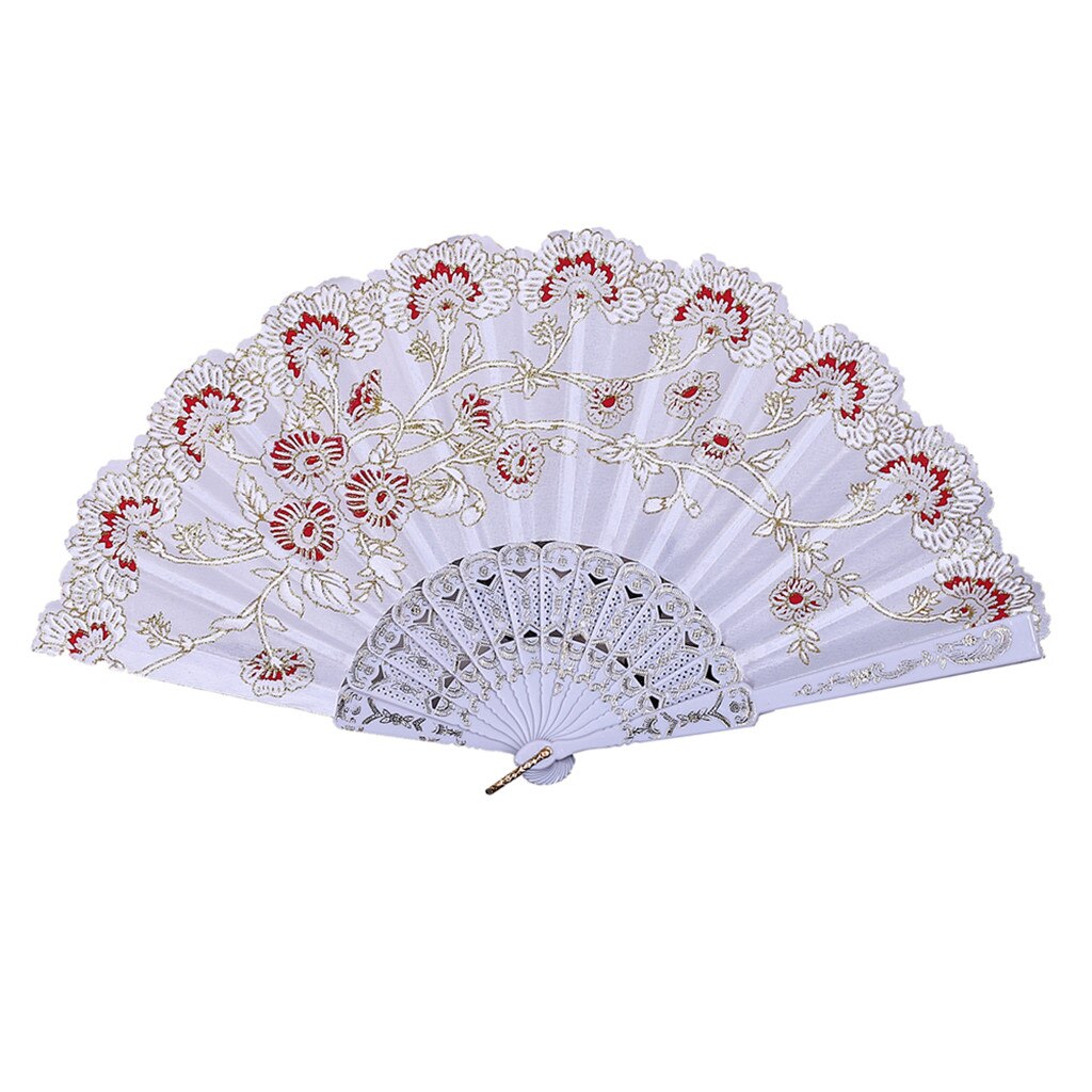 Fãs de flores do vintage bordado estilo chinês dança festa casamento mão fã rendas seda dobrável realizada flores ventilador abanico navio da gota: WHITE