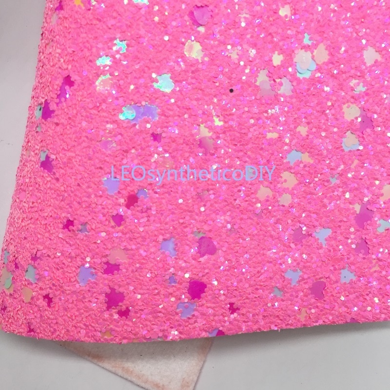 1PC 21X29CM Glitter Fabric, Pink Chunky Glitter with Pastel Hearts For Making Bows LEOsyntheticoDIY T287C: Default Title