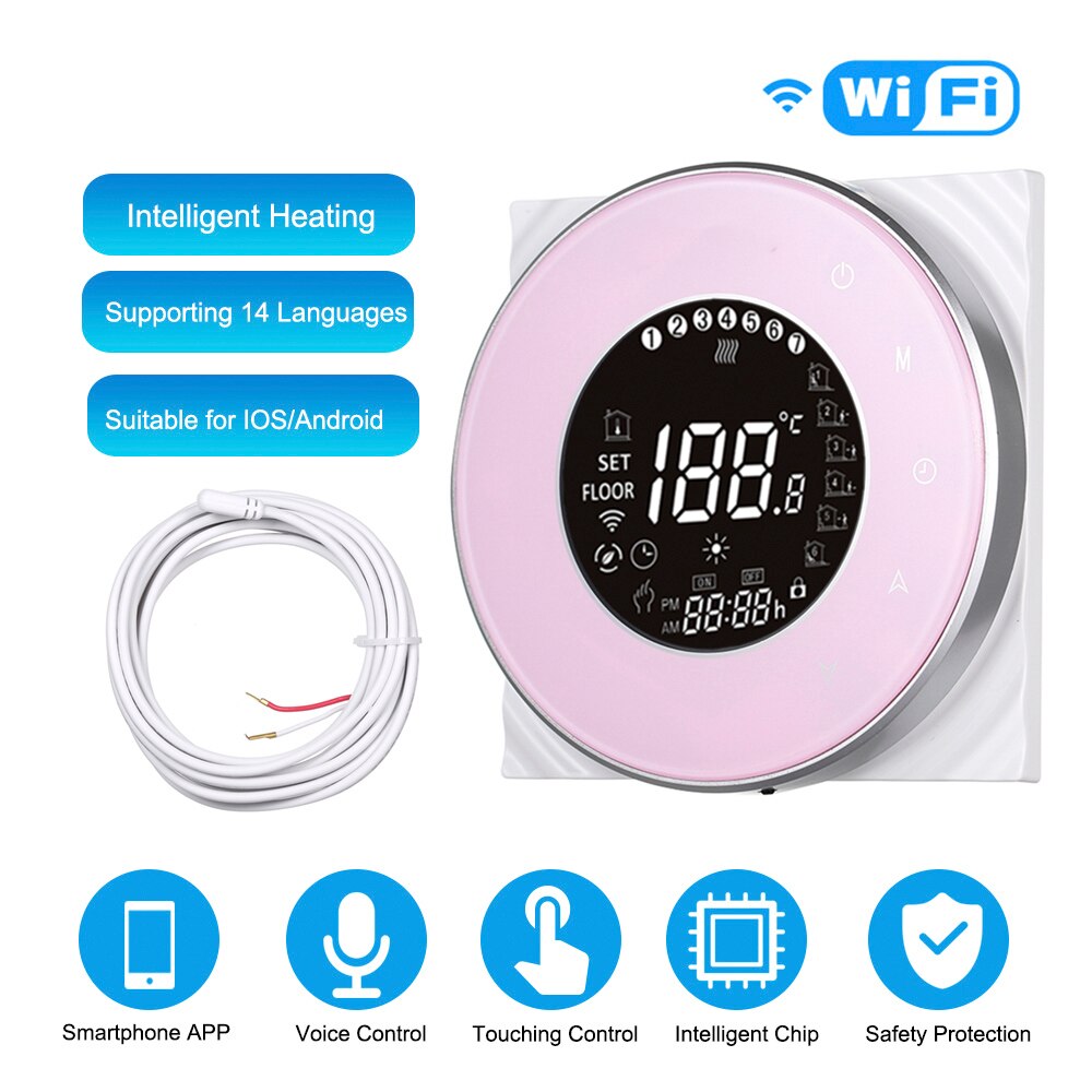 Smart Electric Heating Thermostat with Touchscreen LCD Display Weekly Programmable Room Temperature Controller 16A 95~240V: pink with WiFi