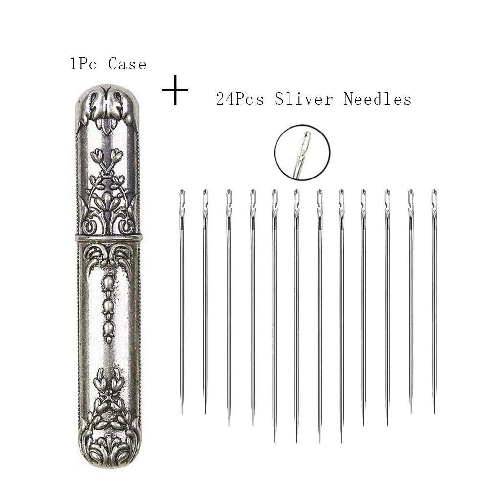 24pcs Self Threading Needles Household Sewing Needle Hand Needles Stitching Pins & Vintage Needle Case DIY Sewing Tools: silver