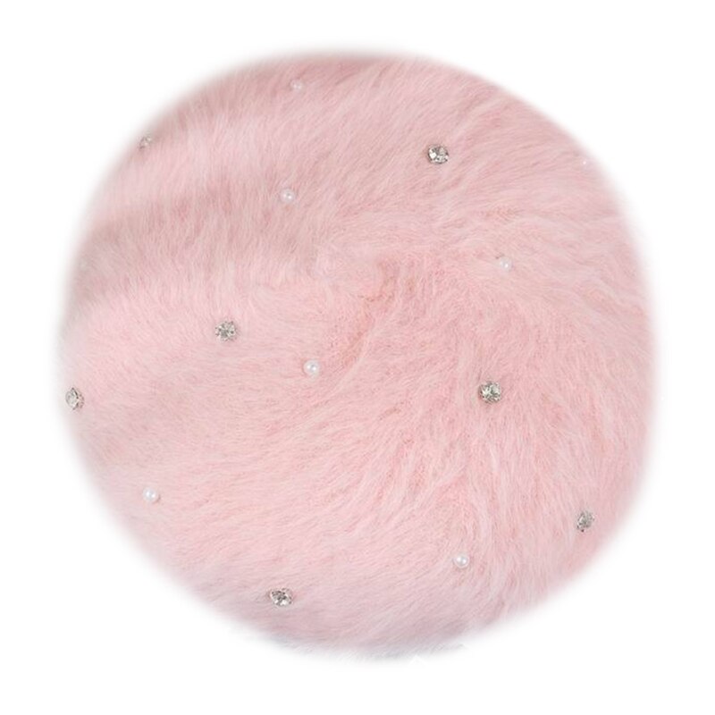 Vrouwen winter zachte pluche baret pet met strass parel kralen schilder muts  j78e: Roze