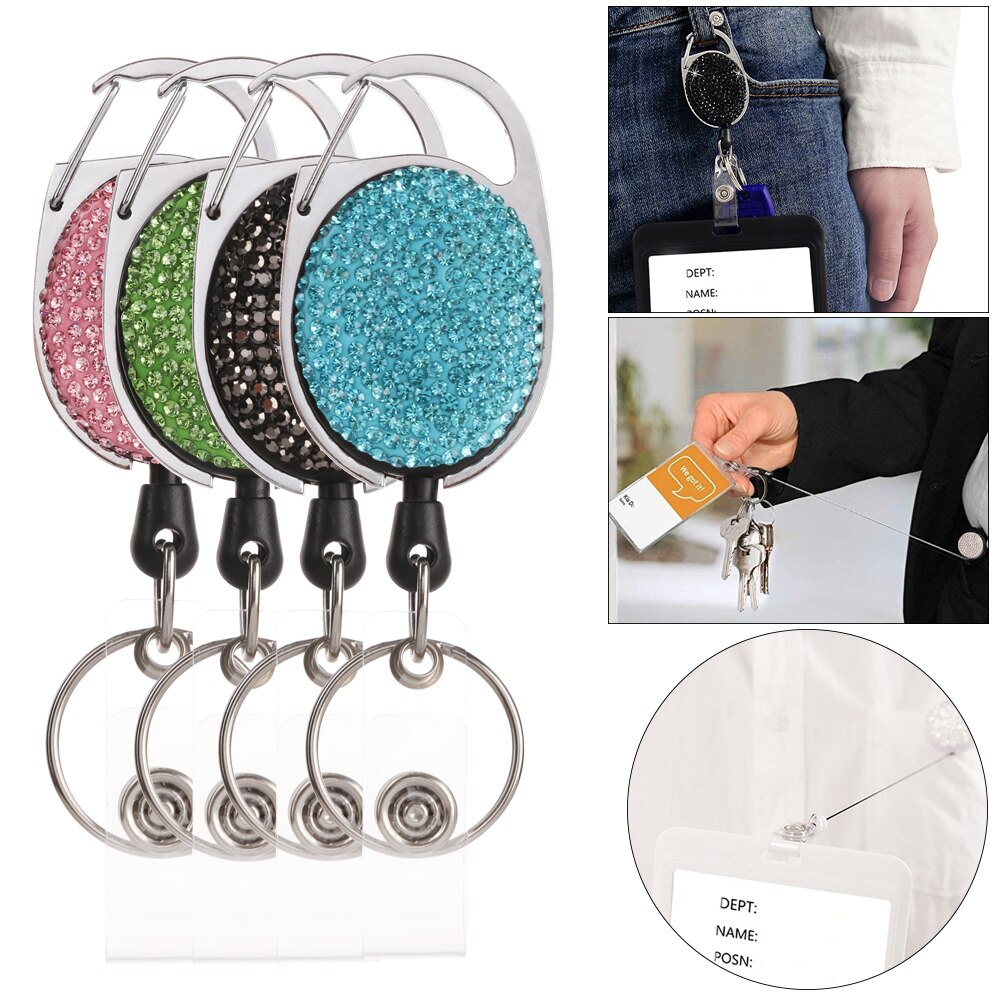 1Pc Shiny Intrekbare Reel Clip Diamant Badge Houder Id Card Key Ring Carabine Veerkracht Duurzaam Draagbare Riem Clips Roestvrij