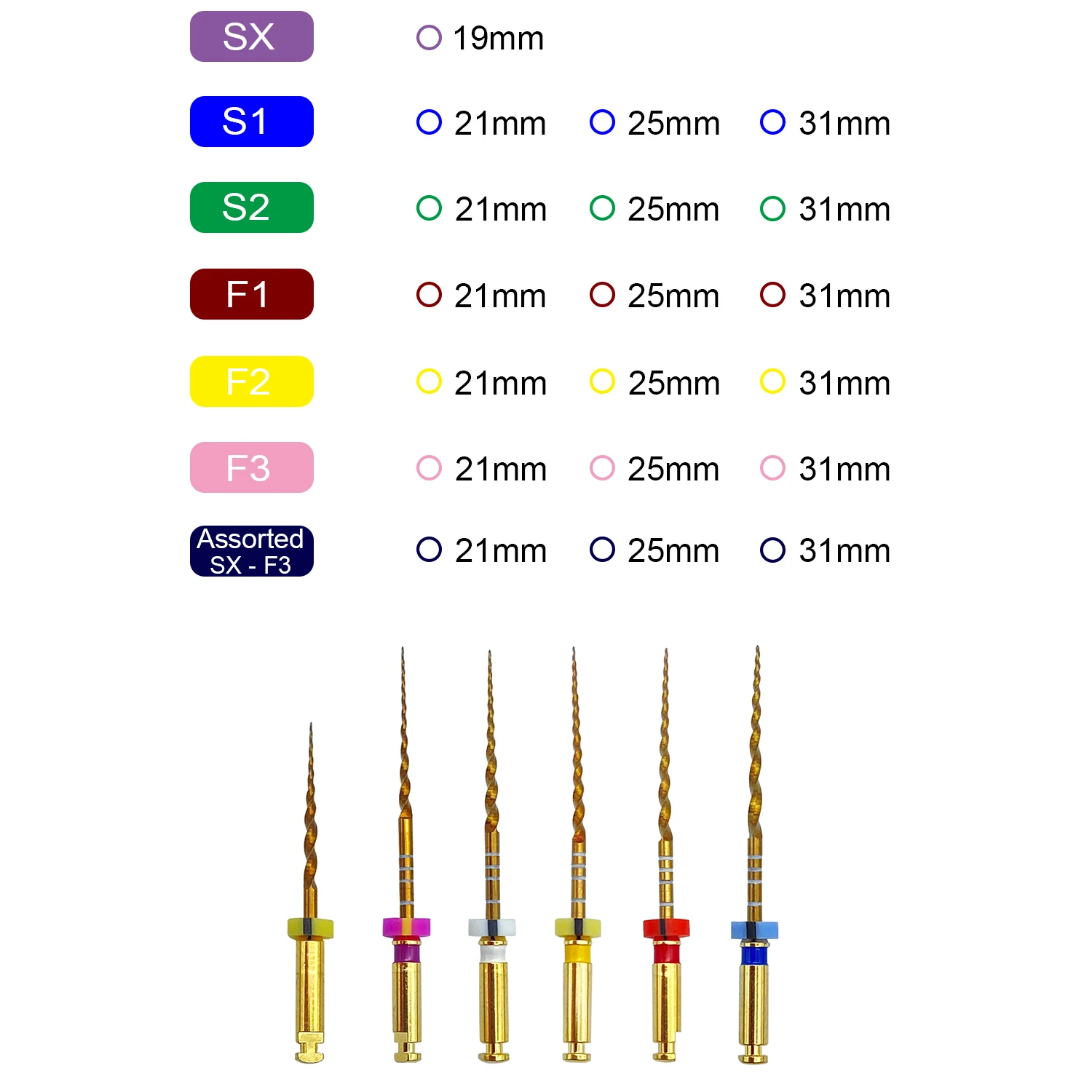 Dental Gold Flexible Files Endo Rotary Files Golden Endodontic Files 19/21/25mm Nickel Titainium Dentistry Root Canal Material