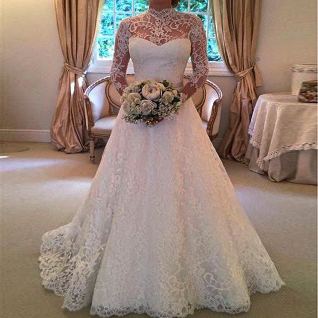 Women Long Sleeves Lace Wedding Dress Party Evening Slim Maxi Dresses women party night dress#1