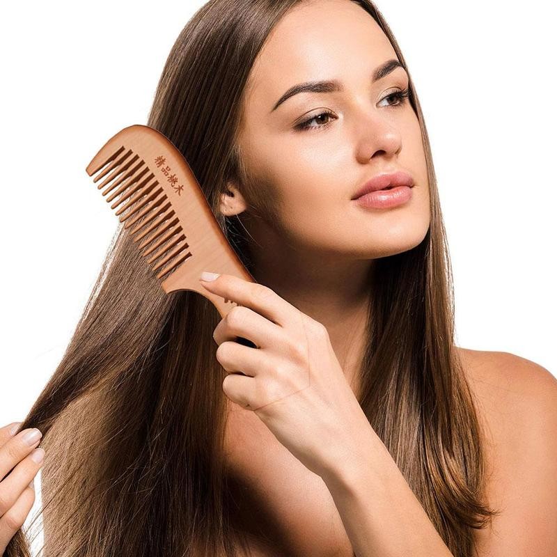 Naturligt trä bred tand hår kam naturligt sandelträ handgjord massage skönhet hårvård 18cm trä kam blomtryck