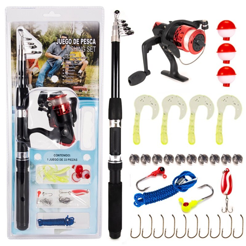33pcs/Box Telescopic Fishing Rod Combo Spinning Reel Angling Set Carp Full Kit With Lure Jig Hook Swivel Screw Float: Default Title
