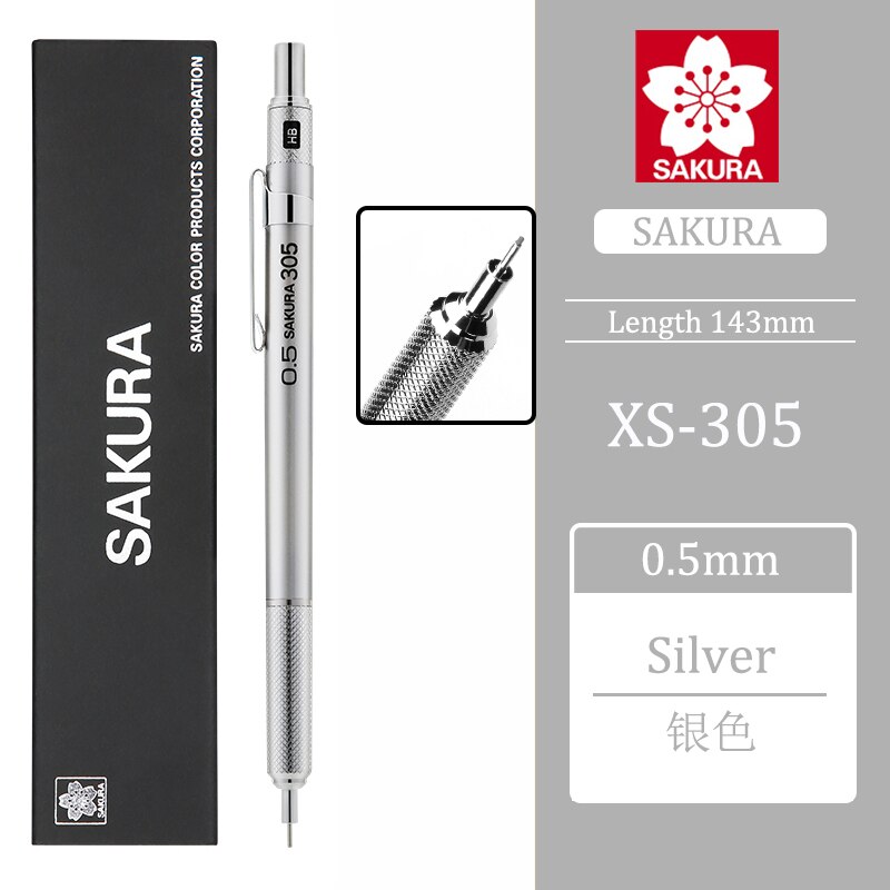 1Pcs Sakura XS-303 Metalen Staaf Anti-Gebroken Kern Tekening Automatische Potlood 0.3Mm/0.5Mm Niet te Breken Schets Hand Getekende Comics: 0.5 silver