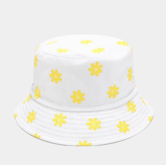 Koreansk stil dobbeltsidet bomuld blomsterprint spand hat fisker hat udendørs rejse hat sol cap hatte til mænd og kvinder: Hvid