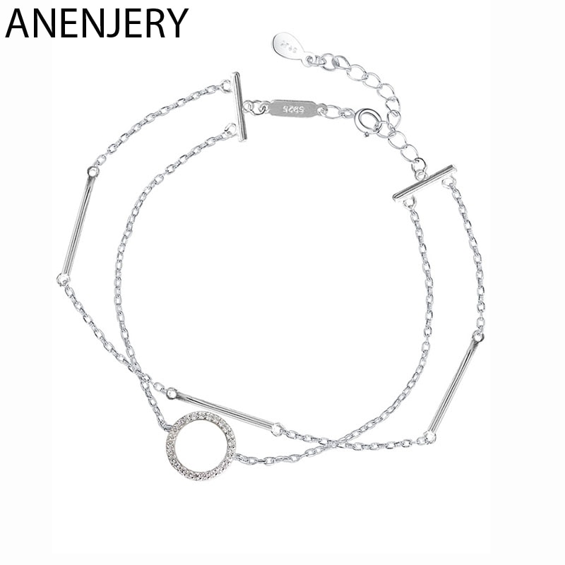 Anenjery Eenvoudige Zilveren Kleur Double-Layer Cirkel Geometrische Armband Voor Vrouwen Mode Zirkoon Pulseras Sieraden S-B99