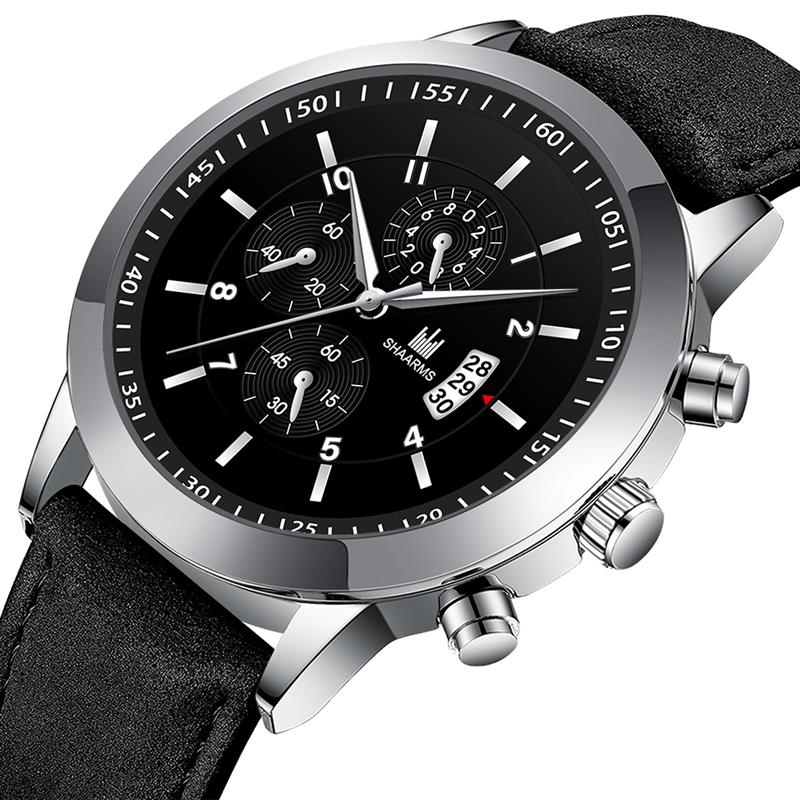 Shaarms herenhorloge met zwarte leren band, quartz polshorloge, sporthorloge voor heren, relogio masculino, reloj hombre