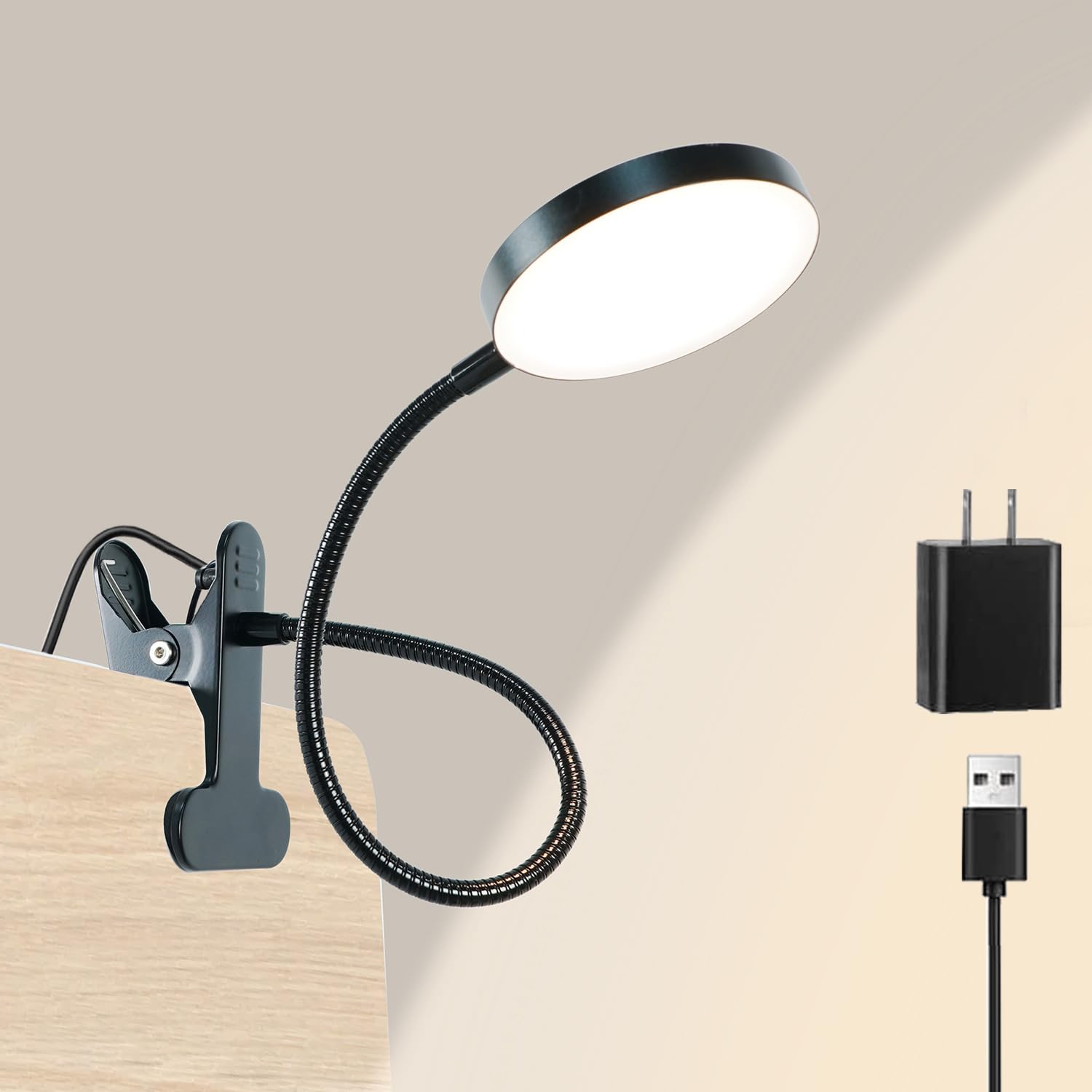 4,7-inch massieve kern cirkelvormig boeklicht USB oplaadbare leeslamp Warm koel wit daglicht Draagbaar flexibel: Black