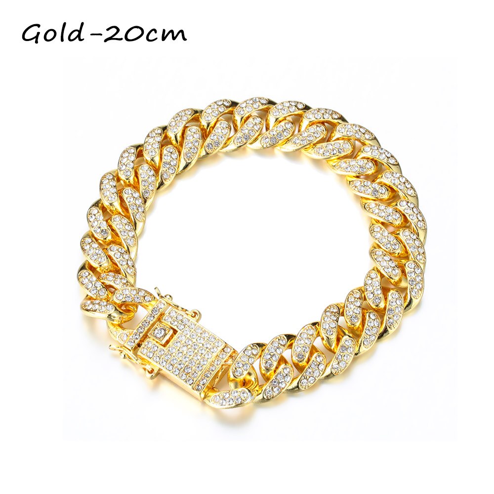 1Pc 14K Vergulde 12Mm Breedte Diamond Cubaanse Armband Luxe Shiny Hip Hop Ingelegd Rhinestone Link Chain vrouwen Mode Armband: Gold-20cm