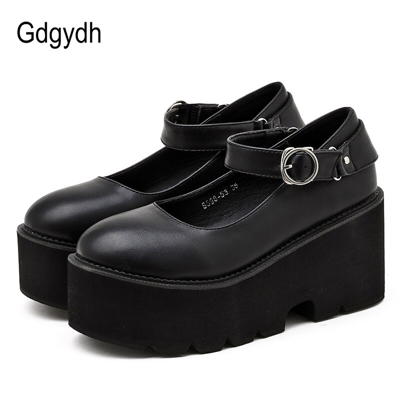 Gdgydh japońskie słodkie buty Lolita damskie buty na obcasie buty na koturnach dla studentów okrągła głowa czarna wodoodporna ozdoby metalowe