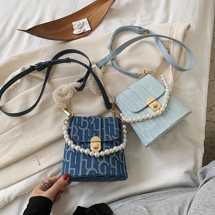 nueva perla de lujo de las mujeres con cadena de cuentas cubo vaquero bolso de hombro tipo bandolera femenina Mini bolso de
