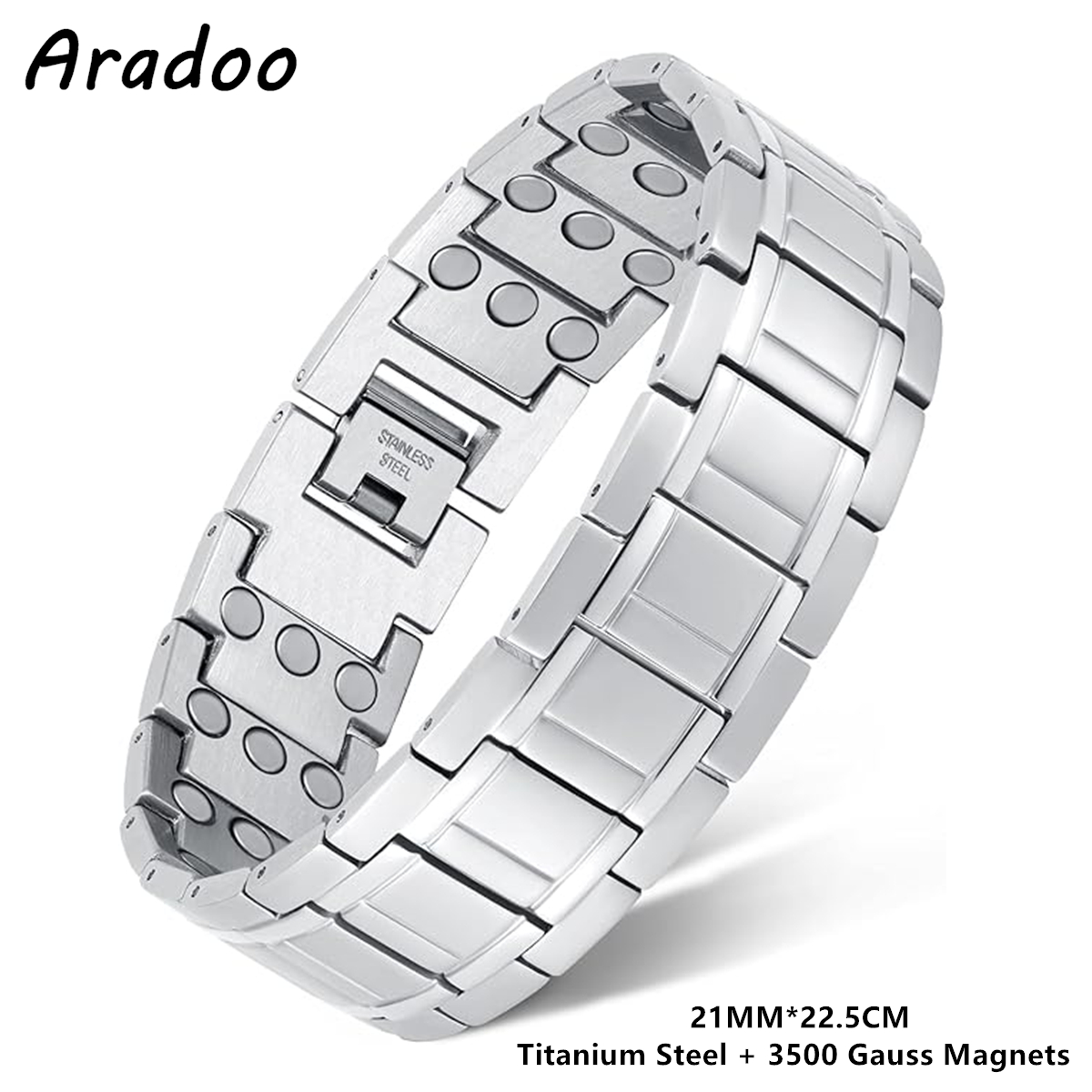 ARADOO Pulseras de acero de titanio con 3 imanes de neodimio Ultra resistentes, pulsera de eslabones de terapia magnética de salud ajustable: Marrón rojizo