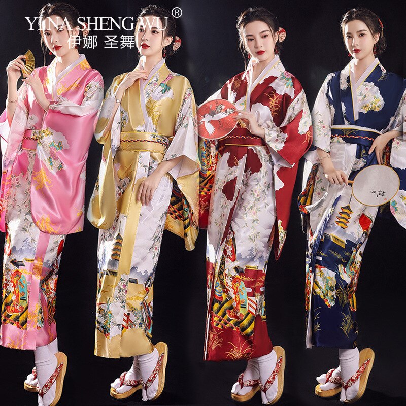 Kimono japonés Sexy para mujer, traje de Cosplay tradicional, de satén Floral, talla única, Yukata con Obi, novedad