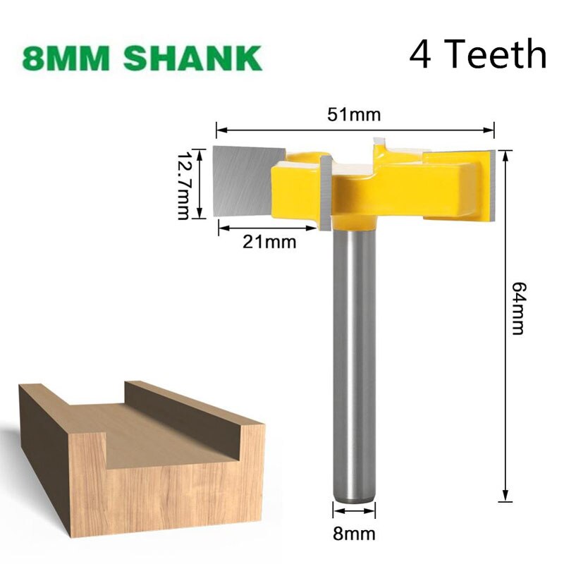 1pc 8mm skaft t typ skarvning &amp; spårfräs fyrfräs t-spår träfräs 12mm/12.7mm skaft fräs för trä: 8mm skaft 4 tänder