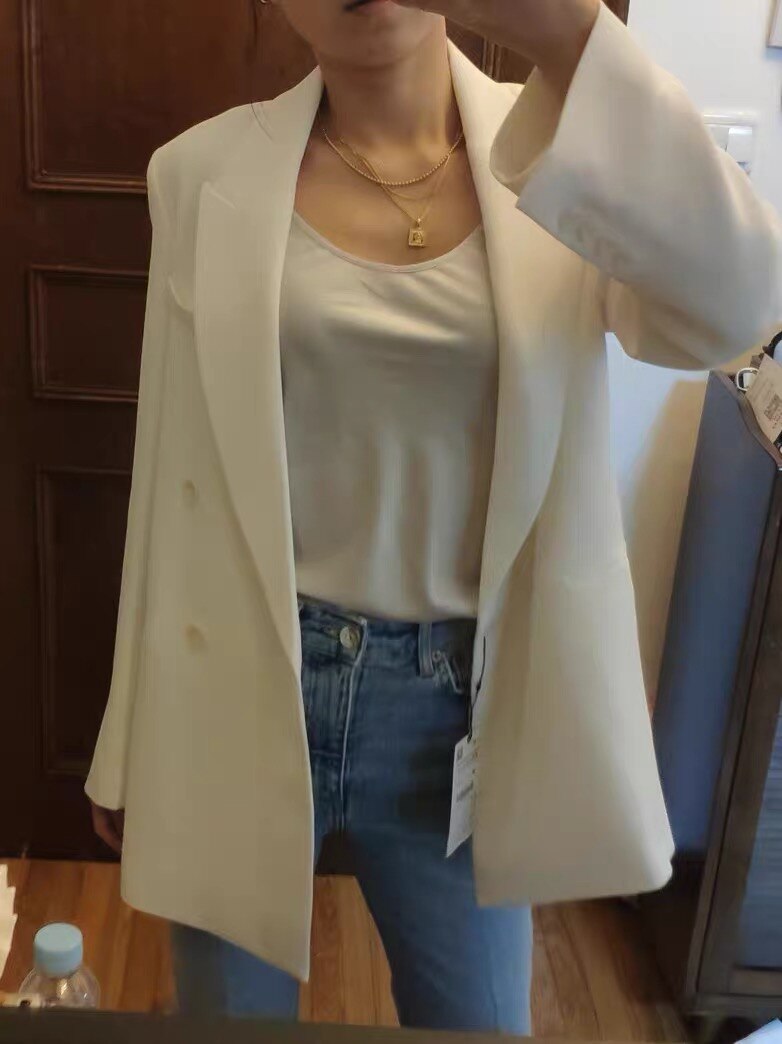 Za chaqueta de mujer con cuello doblado sólido doble pecho bolsillo Casual chaqueta suelta Femme blanco ropa de oficina prendas de vestir abrigo