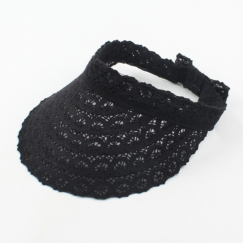 Kant Stro Zonneklep Hoed Anti Uv Brede Rand Piekte Cap Ademend Hollow Top Zomer Hoeden Opvouwbare Zonnebrandcrème Caps Vrouwen meisjes: Black